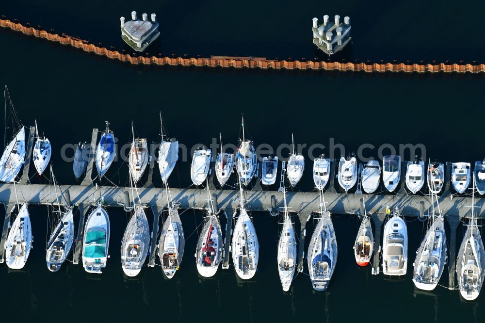 Aerial image Rostock - Sailing ships in the harbour Hohe Duene in Warnemuende in the federal state Mecklenburg-West Pomerania, Germany