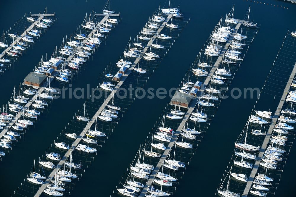 Rostock from above - Sailing ships in the harbour Hohe Duene in Warnemuende in the federal state Mecklenburg-West Pomerania, Germany