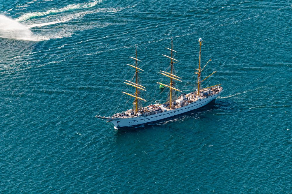 Aerial image Rostock - Sail training ship in Warnemuende in the state of Mecklenburg-Western Pomerania. The Gorch Fock when the Hansesail arrives in Warnemuende