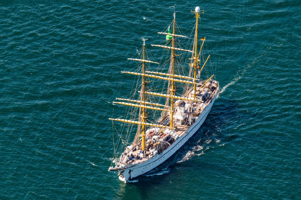 Aerial photograph Rostock - Sail training ship in Warnemuende in the state of Mecklenburg-Western Pomerania. The Gorch Fock when the Hansesail arrives in Warnemuende