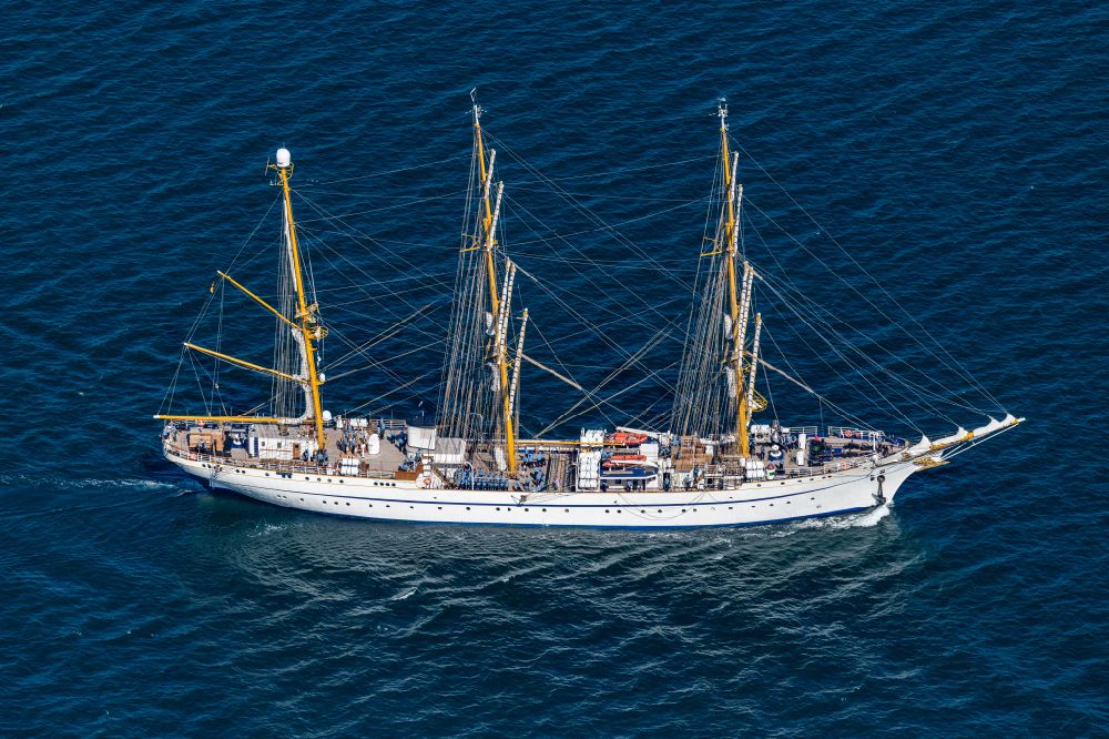 Rostock from above - Sail training ship in Warnemuende in the state of Mecklenburg-Western Pomerania. The Gorch Fock when the Hansesail arrives in Warnemuende