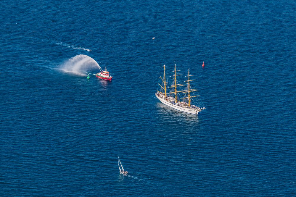 Aerial image Rostock - Sail training ship in Warnemuende in the state of Mecklenburg-Western Pomerania. The Gorch Fock when the Hansesail arrives in Warnemuende