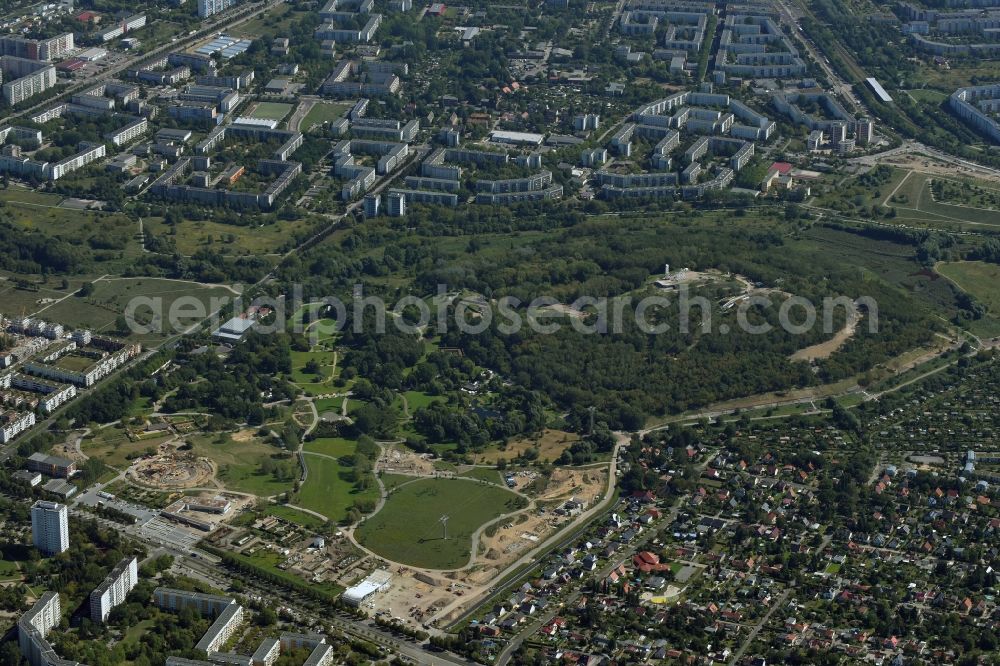 Aerial image Berlin - Cable car station and construction works on the premises of the IGA 2017 in the district of Marzahn-Hellersdorf in Berlin, Germany. The station and stop is part of a panoramic cable car route connecting the western and eastern entrance of the IGA garden show premises