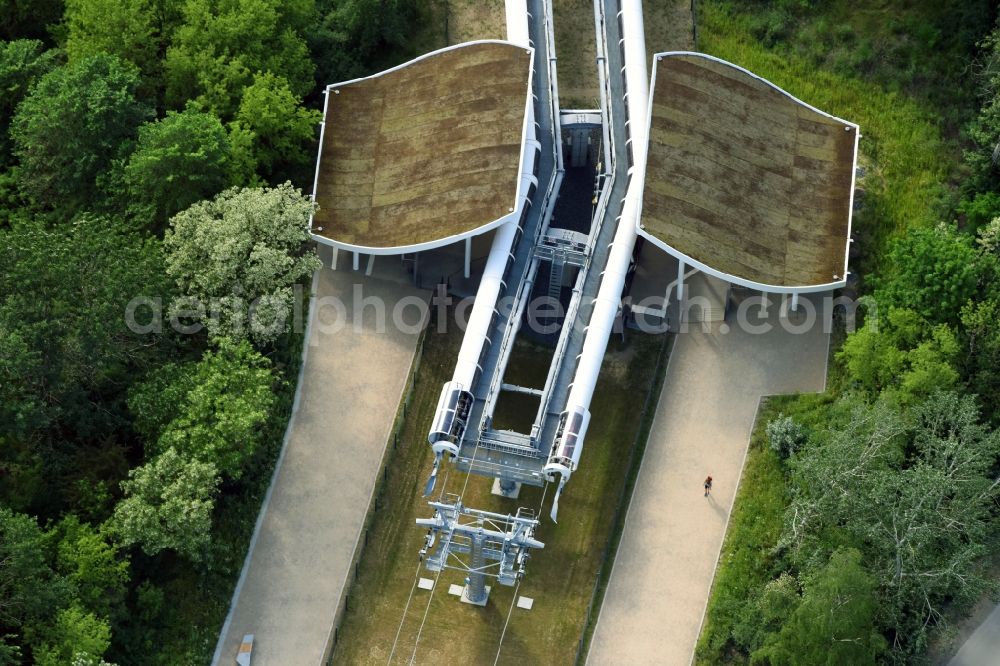 Aerial image Berlin - Cable railway station of the Leitner AG on the Kienberg at the grounds of the International Garden Exhibition IGA 2017 in the district of Marzahn-Hellersdorf in Berlin