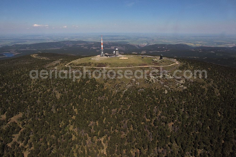 Brocken from the bird's eye view: Buildings on the hill summit of the Brocken in the Harz in the state Saxony-Anhalt. These are a transmitter site with a radio mast, as well as a weather station and the Brockenhaus