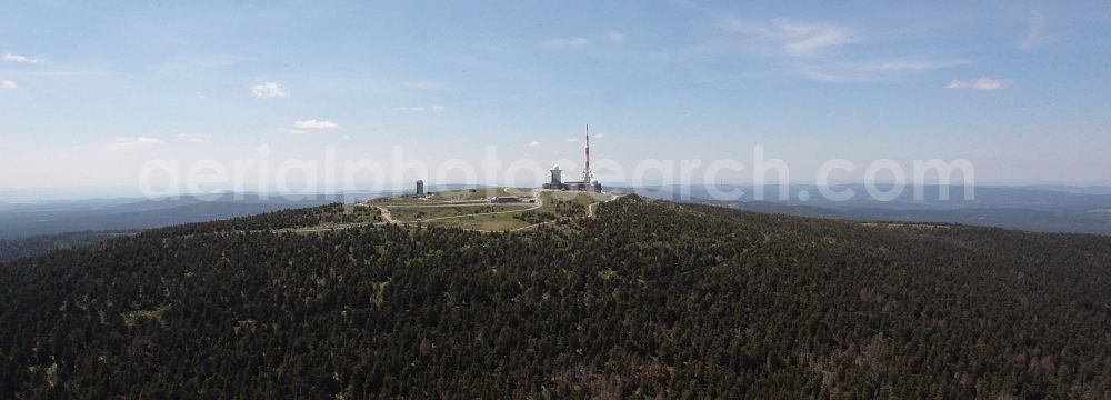 Brocken from above - Buildings on the hill summit of the Brocken in the Harz in the state Saxony-Anhalt. These are a transmitter site with a radio mast, as well as a weather station and the Brockenhaus