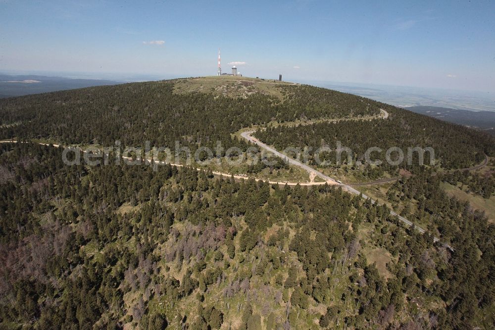 Aerial image Brocken - Buildings on the hill summit of the Brocken in the Harz in the state Saxony-Anhalt. These are a transmitter site with a radio mast, as well as a weather station and the Brockenhaus