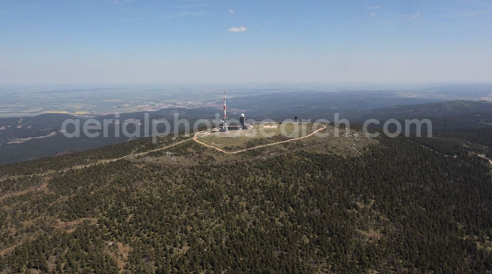 Brocken from above - Buildings on the hill summit of the Brocken in the Harz in the state Saxony-Anhalt. These are a transmitter site with a radio mast, as well as a weather station and the Brockenhaus