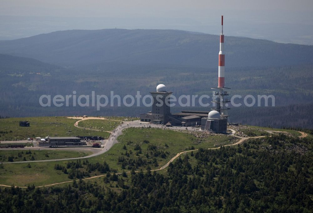 Brocken from the bird's eye view: Buildings on the hill summit of the Brocken in the Harz in the state Saxony-Anhalt. These are a transmitter site with a radio mast, as well as a weather station and the Brockenhaus