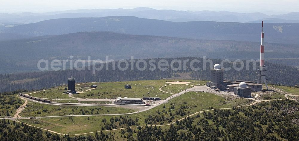 Aerial image Brocken - Buildings on the hill summit of the Brocken in the Harz in the state Saxony-Anhalt. These are a transmitter site with a radio mast, as well as a weather station and the Brockenhaus