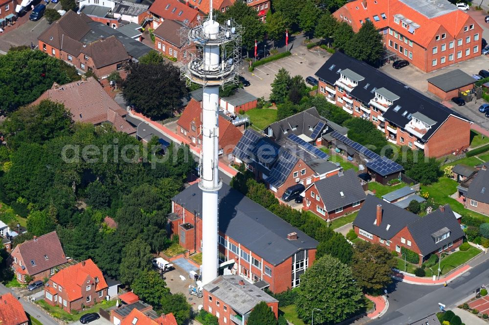 Niebüll from above - Transmission system as basic network transmitter of Telecom in Niebuell in the state Schleswig-Holstein, Germany