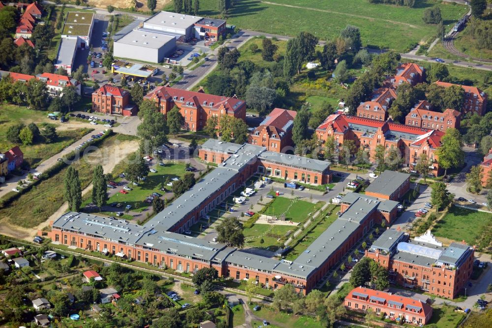 Potsdam from above - View at the former Red Barracks of the russian army in the district Nauen Vorstadt in Potsdam in the federal state of Brandenburg. Under the name Les Étables Royales are now a nursing and elder care, as well as condominiums in the monument protected buildings. Developers for the conservation practice expansion to condominiums were Terraplan and Prussia Grundbesitz AG for the expansion of the stables