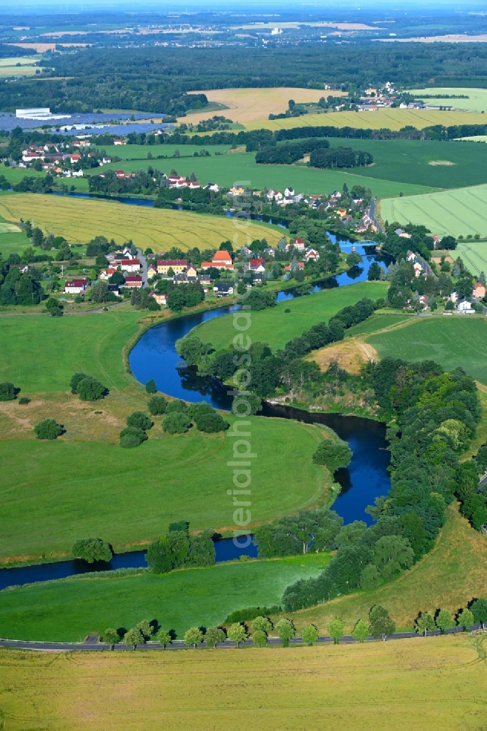 Polkenberg from above - Meandering, serpentine curve of river Freiberger Mulde in Polkenberg in the state Saxony, Germany