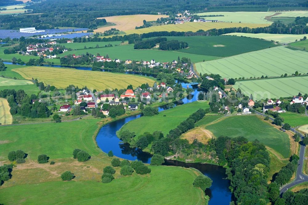 Aerial image Polkenberg - Meandering, serpentine curve of river Freiberger Mulde in Polkenberg in the state Saxony, Germany