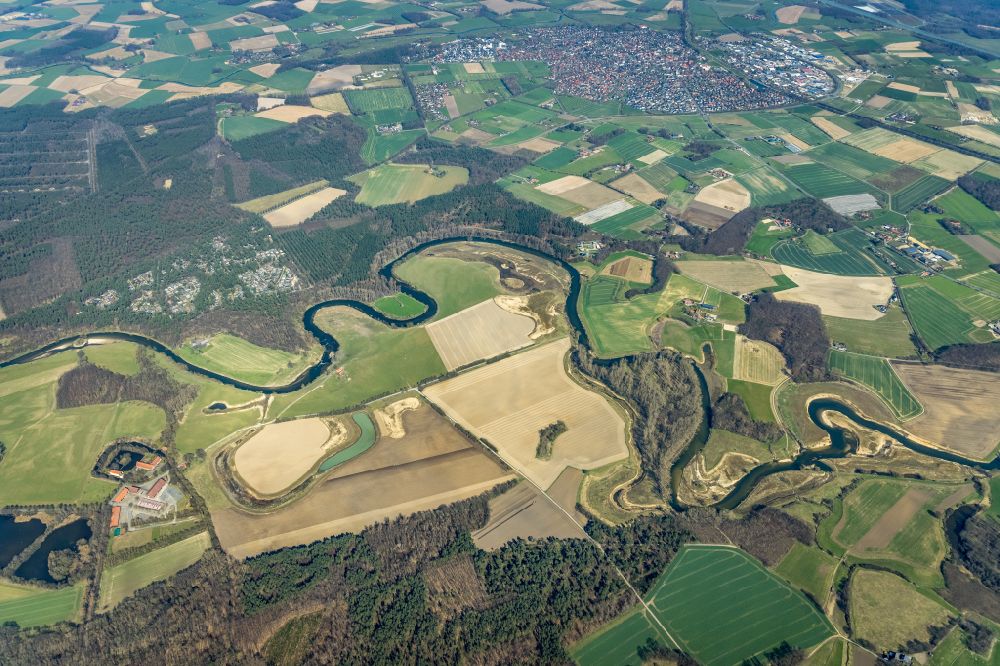 Olfen from above - Meandering, serpentine curve of river of Lippe in Olfen in the state North Rhine-Westphalia, Germany