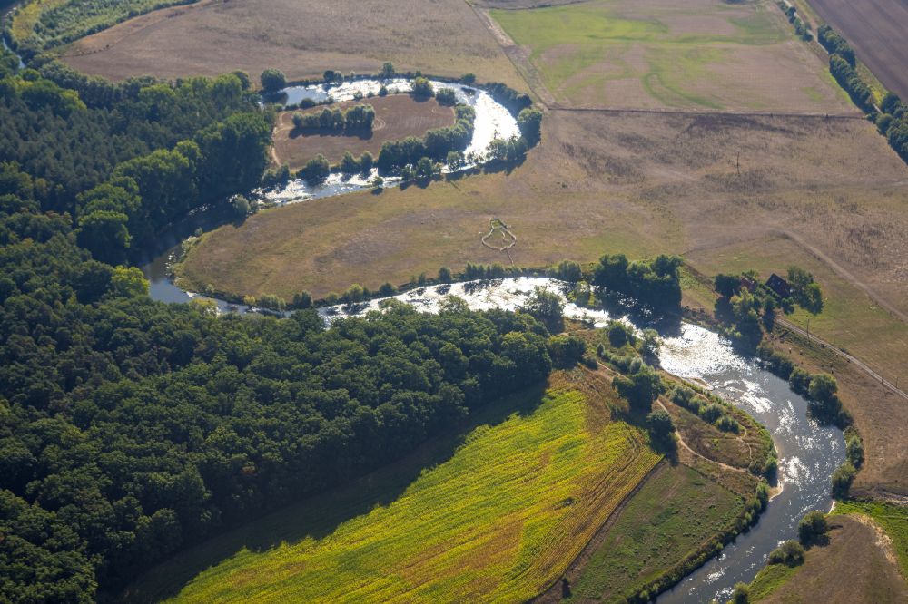 Aerial photograph Olfen - Meandering, serpentine curve of river of Lippe in Olfen in the state North Rhine-Westphalia, Germany