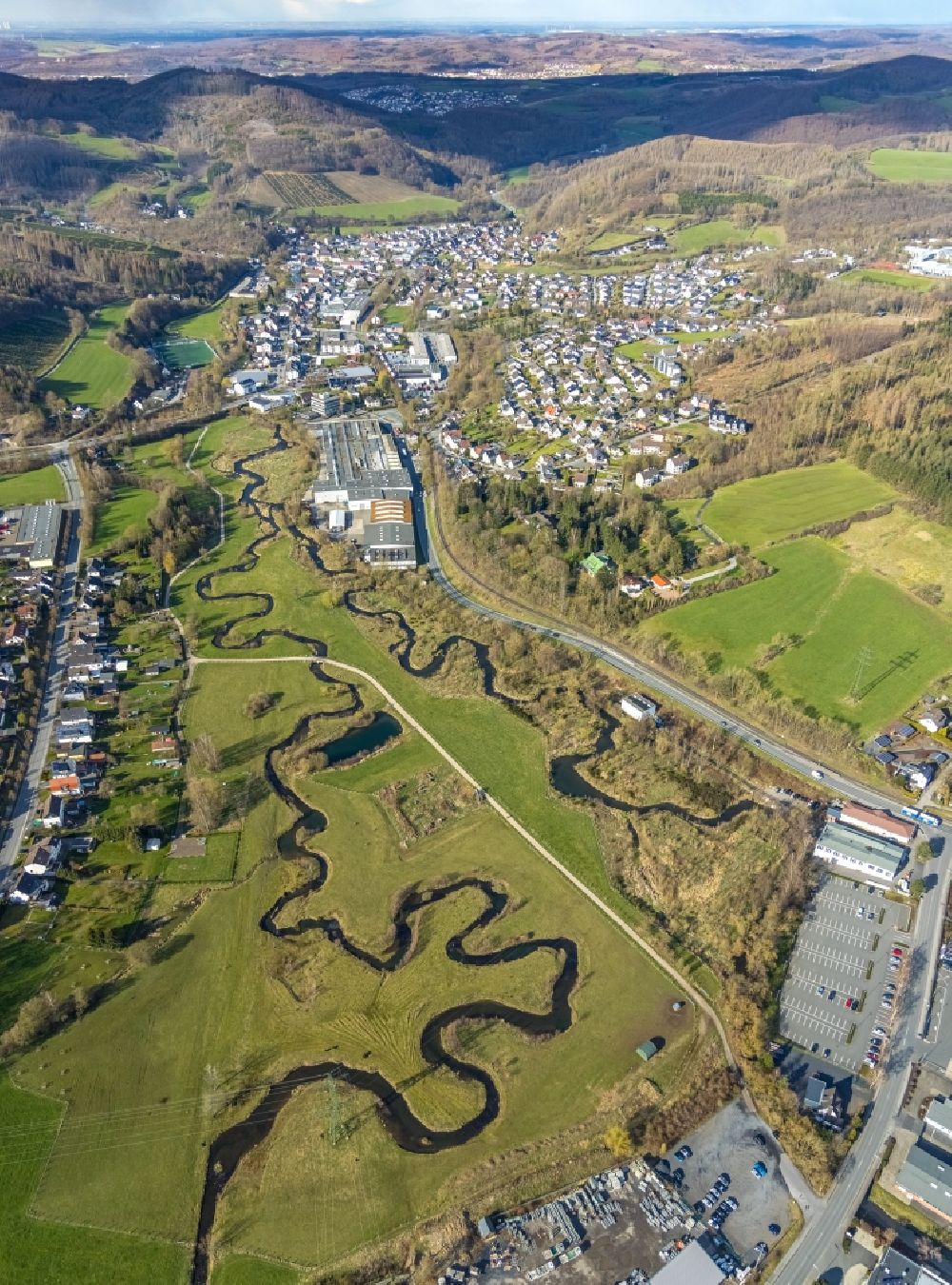 Aerial image Tiefenhagen - Meandering, serpentine curve of river Sorpe and Roehr in Tiefenhagen at Sauerland in the state North Rhine-Westphalia, Germany