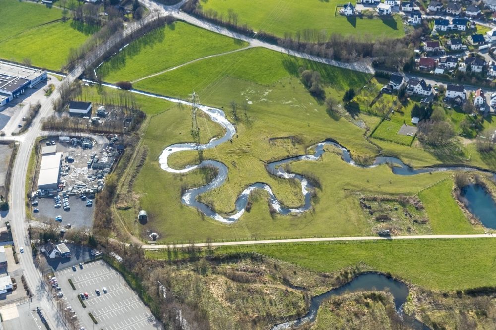 Aerial photograph Tiefenhagen - Meandering, serpentine curve of river Sorpe in Tiefenhagen at Sauerland in the state North Rhine-Westphalia, Germany