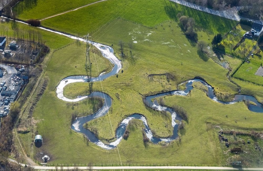 Tiefenhagen from above - Meandering, serpentine curve of river Sorpe in Tiefenhagen at Sauerland in the state North Rhine-Westphalia, Germany
