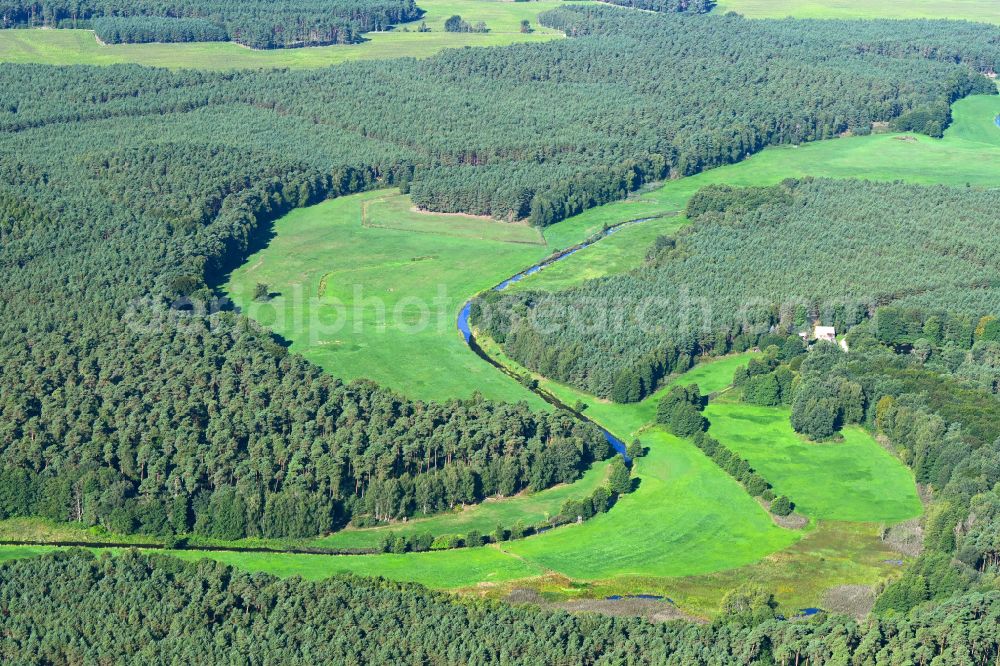 Aerial image Gadow - Meandering, serpentine curve of a river Dosse in Gadow in the state Brandenburg, Germany