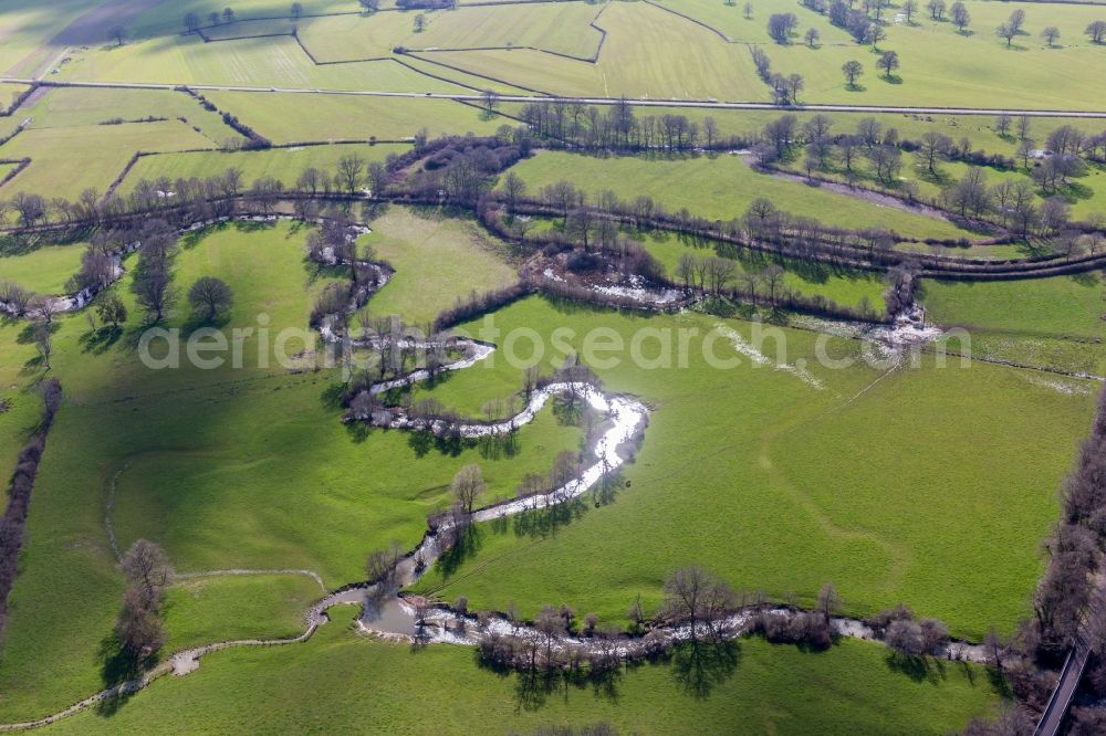 Aerial image Sully - Meandering, serpentine curve of a river in Sully in Bourgogne-Franche-Comte, France