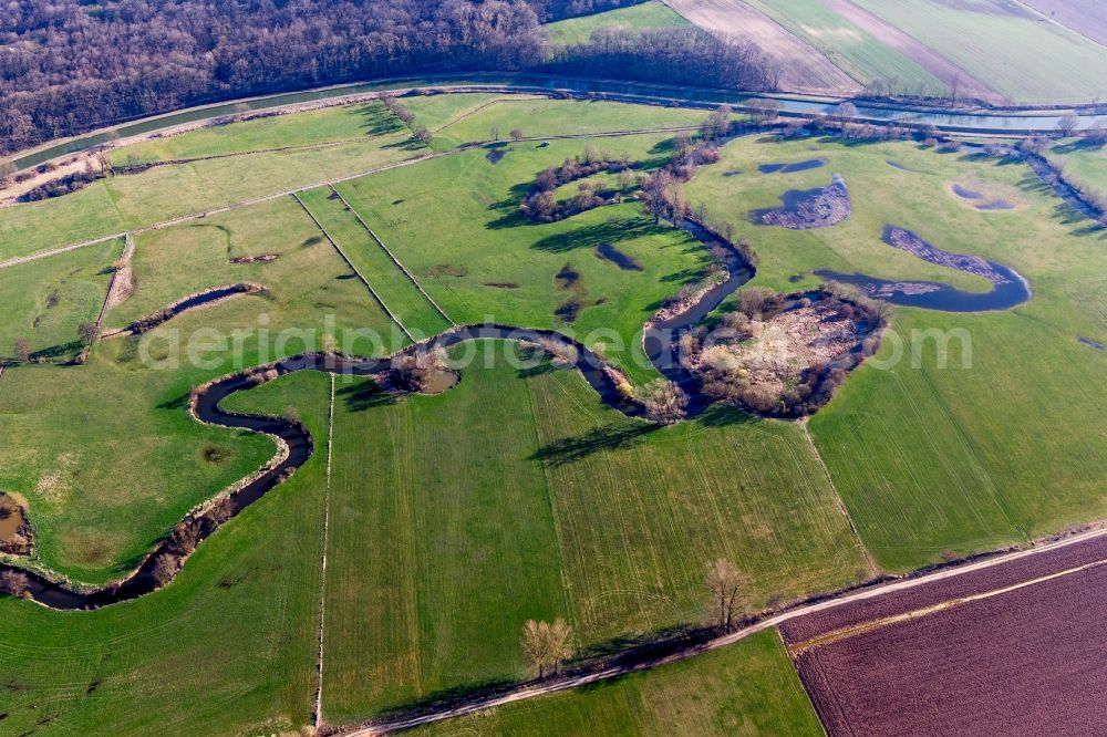 Aerial image Hochfelden - Meandering, serpentine curve of a river Zorn in Hochfelden in Grand Est, France