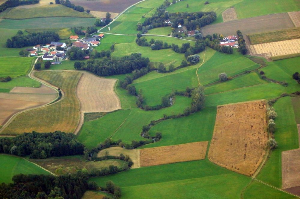 Aerial image Bockhorn - Meandering, serpentine curve of a river Strogen at the district Aurlfing in Bockhorn in the state Bavaria, Germany