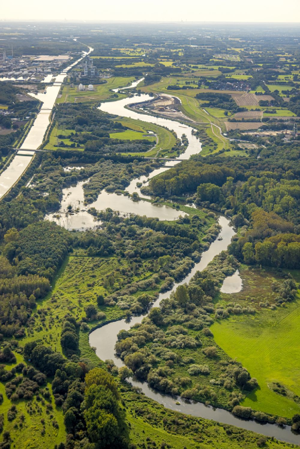 Marl from above - Meandering, serpentine curve of the river Lippe in Marl in the state North Rhine-Westphalia, Germany