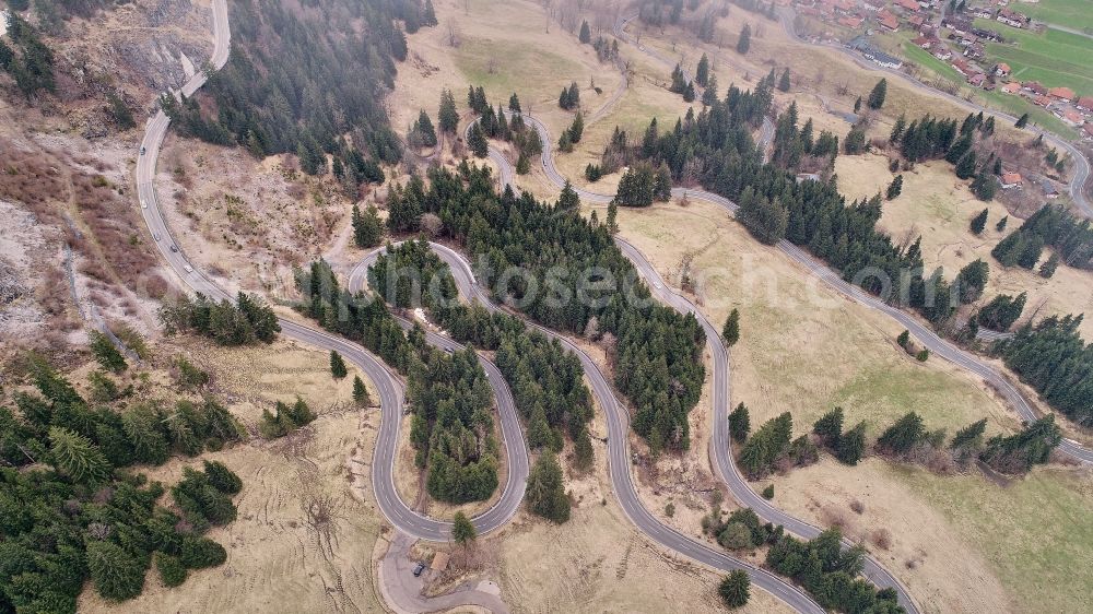 Aerial image Bad Hindelang - Serpentine-shaped curve of a road guide in Bad Hindelang in the state Bavaria, Germany