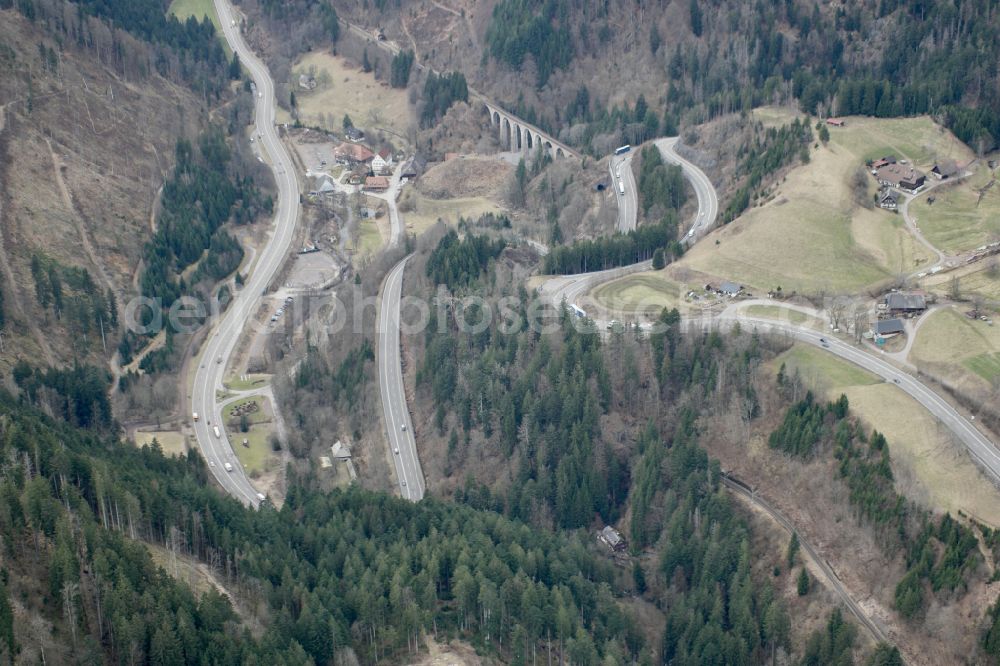 Aerial image Höllsteig - Serpentine-shaped curve of a road guide B31 Hoellental in Hoellsteig in the state Baden-Wuerttemberg, Germany
