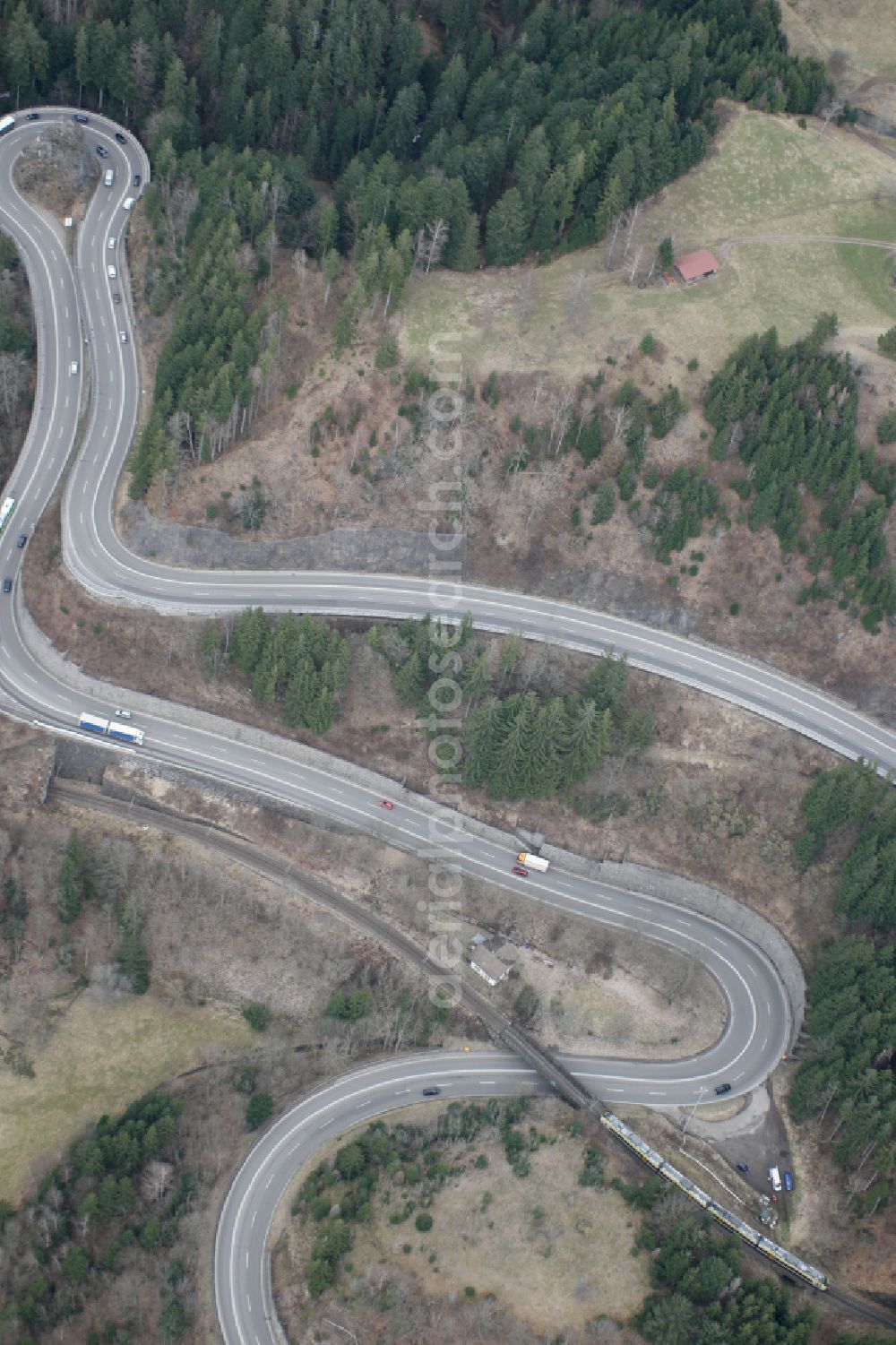 Höllsteig from above - Serpentine-shaped curve of a road guide B31 Hoellental in Hoellsteig in the state Baden-Wuerttemberg, Germany