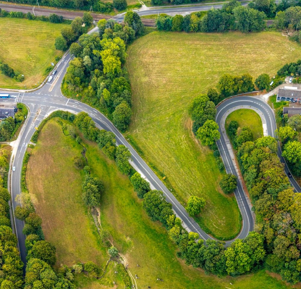 Velbert from above - Serpentine-shaped curve of a road guide of Kuhlendahler Strasse in the district Neviges in Velbert in the state North Rhine-Westphalia, Germany