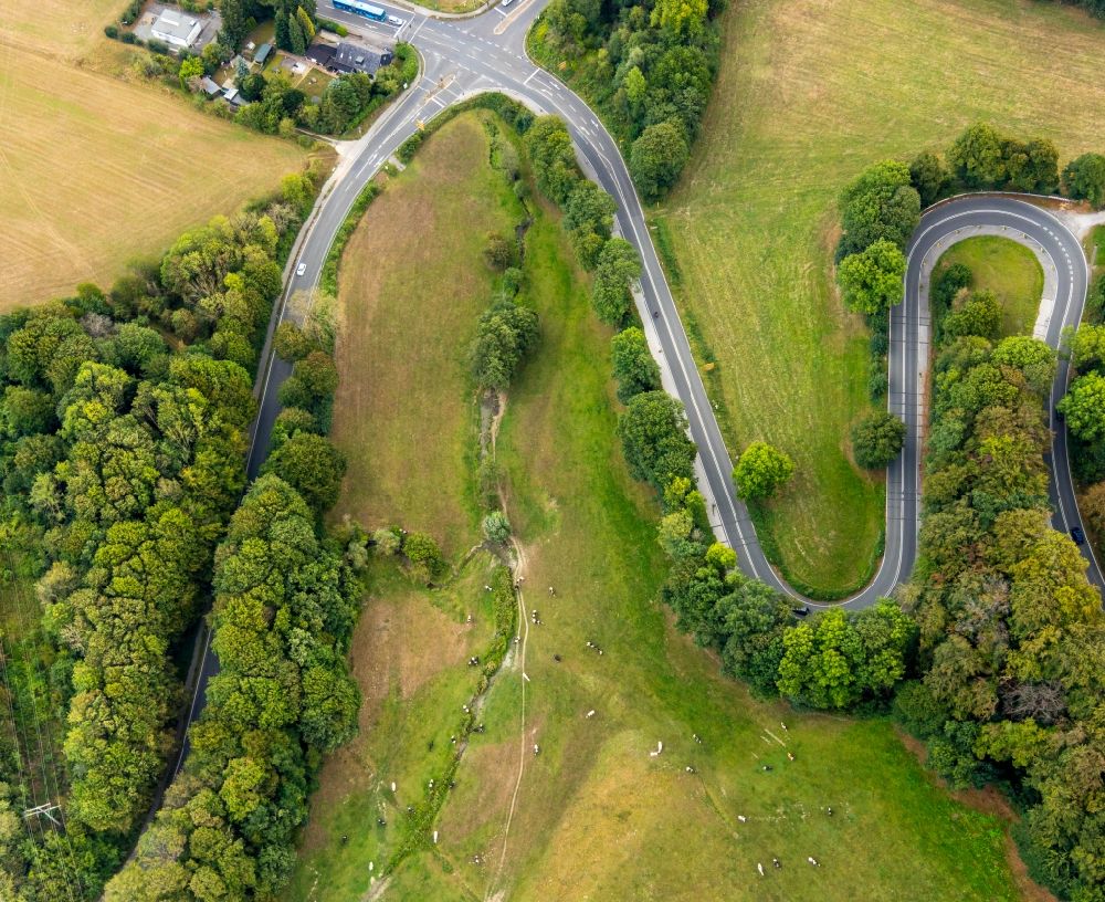 Velbert from the bird's eye view: Serpentine-shaped curve of a road guide of Kuhlendahler Strasse in the district Neviges in Velbert in the state North Rhine-Westphalia, Germany