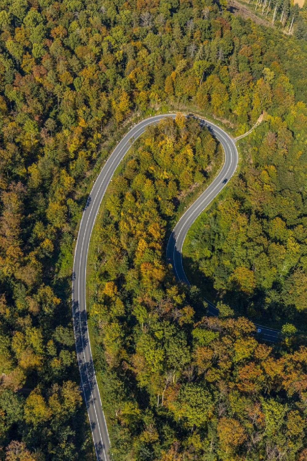 Beverungen from the bird's eye view: Serpentine-shaped curve of a road guide of the country road L838 in Beverungen in the state North Rhine-Westphalia, Germany