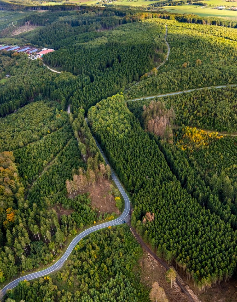 Aerial image Sundern (Sauerland) - Serpentine-shaped curve of a road guide of country road L839 in Sundern (Sauerland) in the state North Rhine-Westphalia, Germany