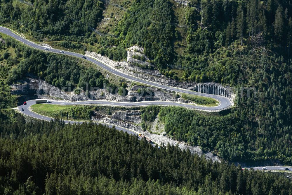 Trieben from above - Serpentine-shaped curve of a road guide in Trieben in Steiermark, Austria