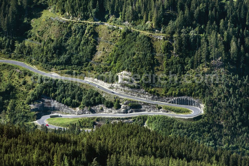 Trieben from the bird's eye view: Serpentine-shaped curve of a road guide in Trieben in Steiermark, Austria