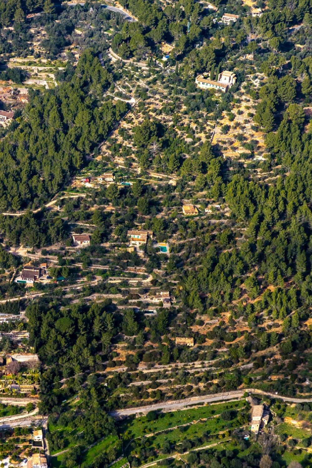 Aerial photograph Soller - Serpentine-shaped curve of a road guide in Soller in Balearic Islands, Spain