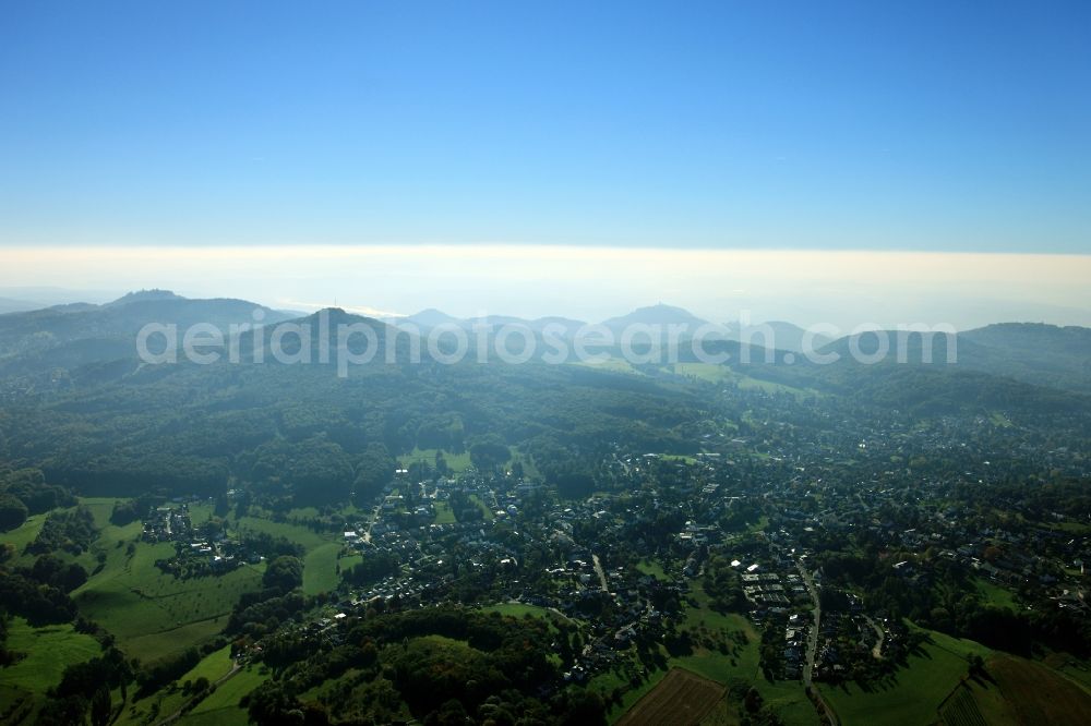 Aerial image Königswinter - Siebengebirge (Seven Hills) in Koenigswinter in the state of North Rhine-Westphalia. The Siebengebirge rises as a mountain range on the right side of the Rhine in the area of the towns of Koenigswinter and Bad Honnef. View from East to the mountain range