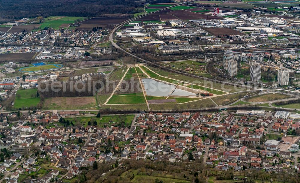Mietersheim from the bird's eye view: The district with dem Gelaende of Landesgartenschau 2018 in Mietersheim in the state Baden-Wuerttemberg, Germany