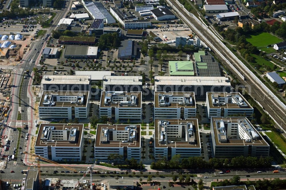 Erlangen from the bird's eye view: New research building and company premises Siemens Campus Erlangen at Guenther-Scharowsky-Strasse in Erlangen in the state of Bavaria, Germany