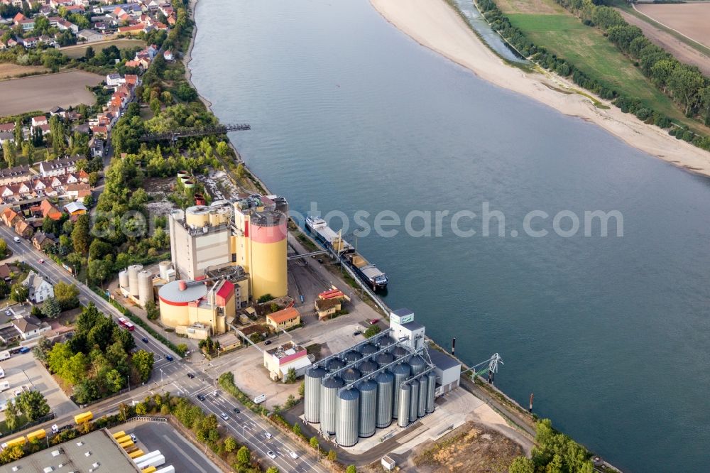 Worms from the bird's eye view: High silo and grain storage with adjacent storage Proland Agrarhandel GmbH on the banks of the Rhine in the district Rheinduerkheim in Worms in the state Rhineland-Palatinate, Germany