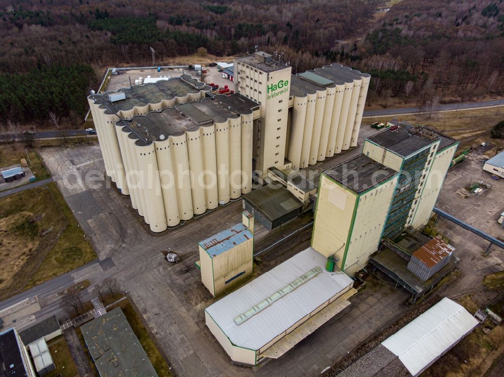 Eberswalde from above - High silo and grain storage with adjacent storage in Eberswalde in the state Brandenburg, Germany