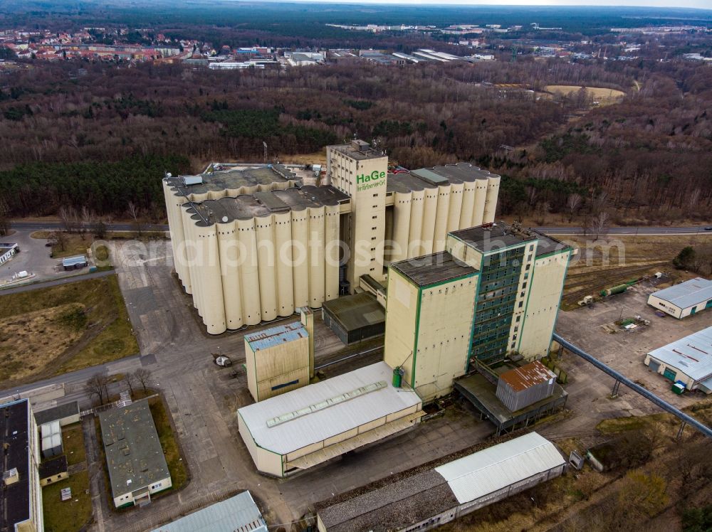 Eberswalde from the bird's eye view: High silo and grain storage with adjacent storage in Eberswalde in the state Brandenburg, Germany