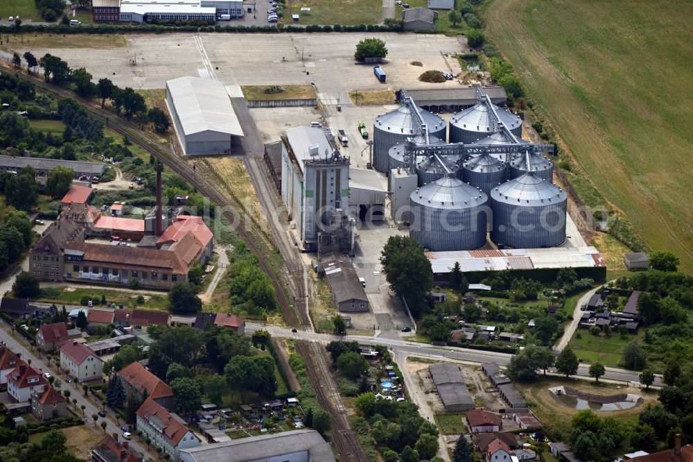 Kyritz from above - High silo and grain storage with adjacent storage Kyritz Silo in Kyritz in the state Brandenburg, Germany