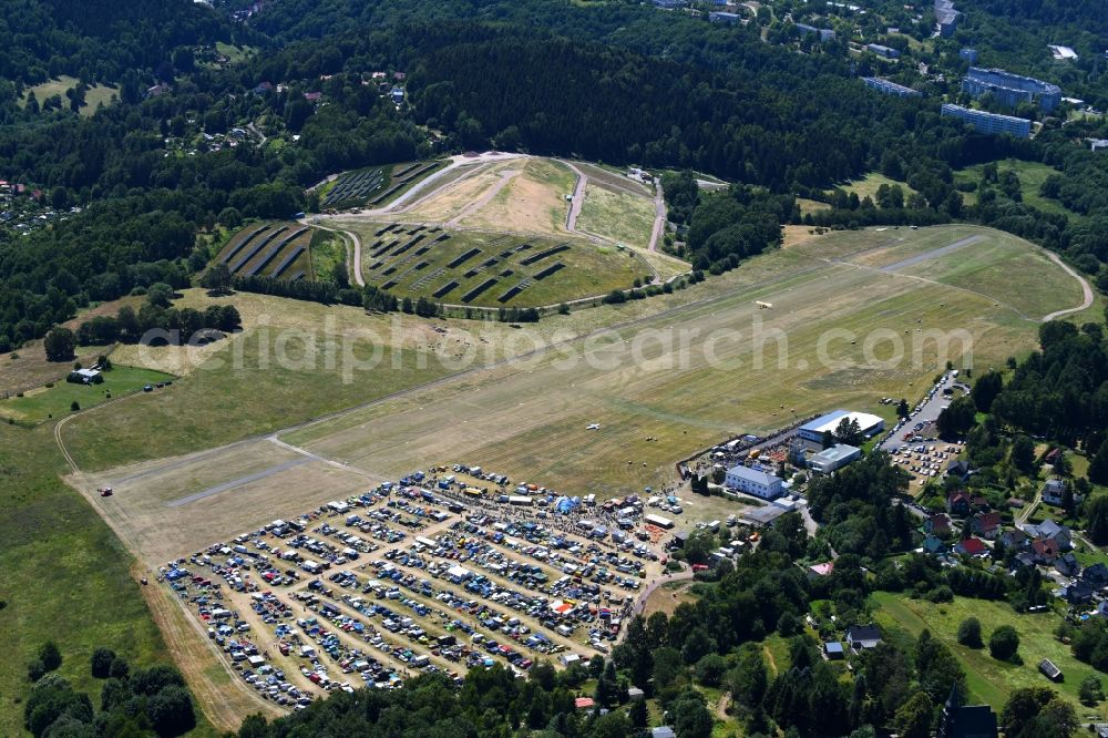 Suhl from above - Simson moped - meeting on airfield Segelflugplatz Suhl-Goldlauter/Heidersbach in Suhl in the state Thuringia, Germany