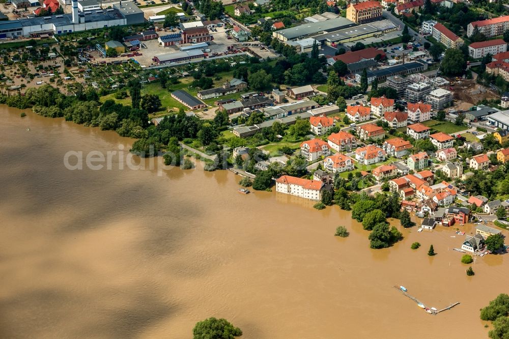 Radebeul from above - The situation during the flooding in East Germany on the bank of the river Elbe at the city limits of Radebeul in the free state of Saxony. View on residential areas and multi family buildings. The flooded area normally consists of allotments, sports grounds, forest and fields