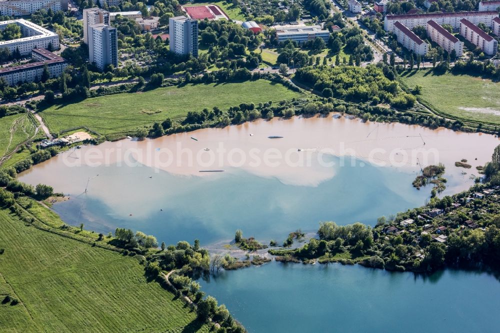 Dresden from above - The situation during the flooding on the bank of the river Elbe in Striesen in Dresden in the state of Sachsen. The aftermath affects swimming areas and leisure areas