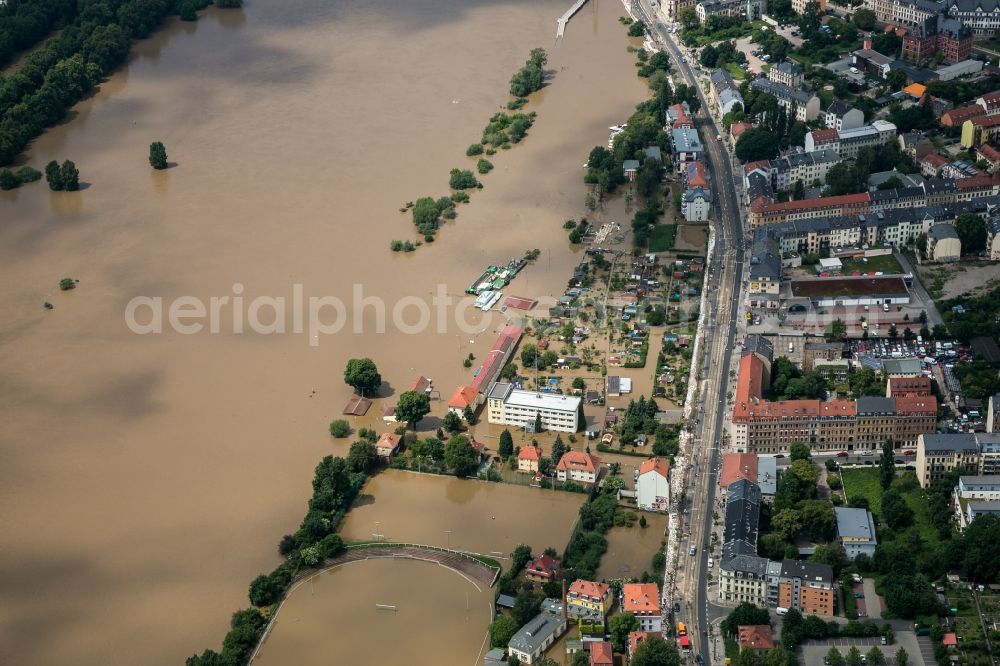 Dresden from above - The situation during the flooding in East Germany on the bank of the river Elbe in the city of Dresden in the state of Saxony. View of the North shore of Elbe and Leipziger Street