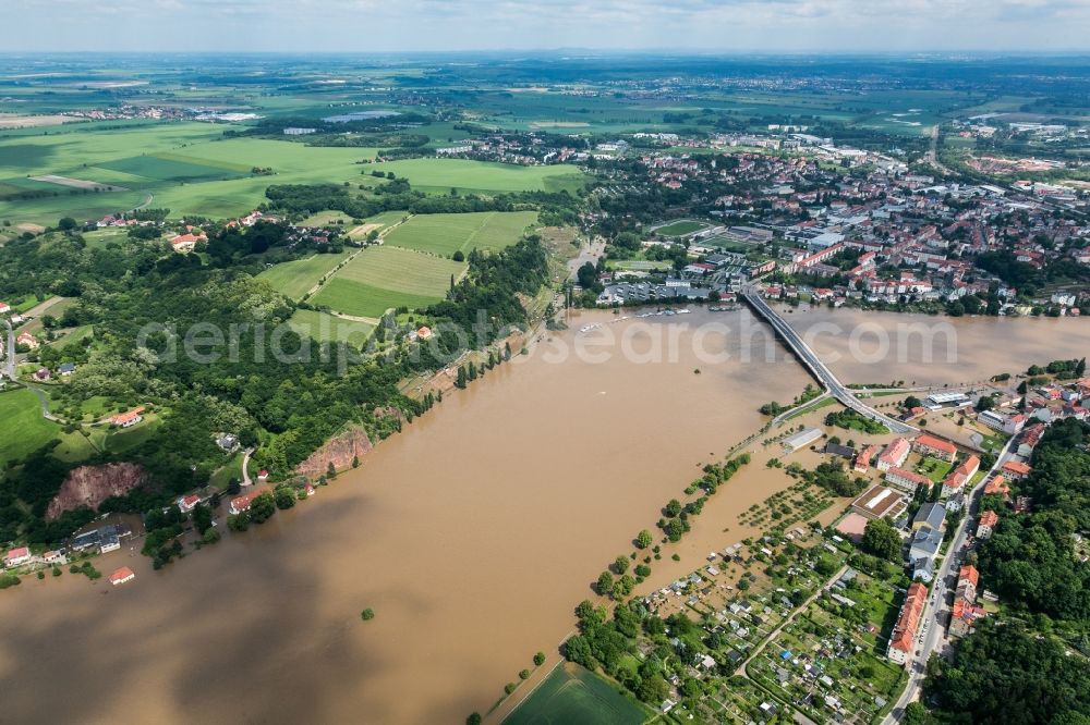 Meißen from above - The situation during the flooding in East Germany on the bank of the river Elbe in the city centre of Meißen in the free state of Saxony. Affected by the high water and flooding are historical buildings of the historic centre and the Gothic Meissen Cathedral